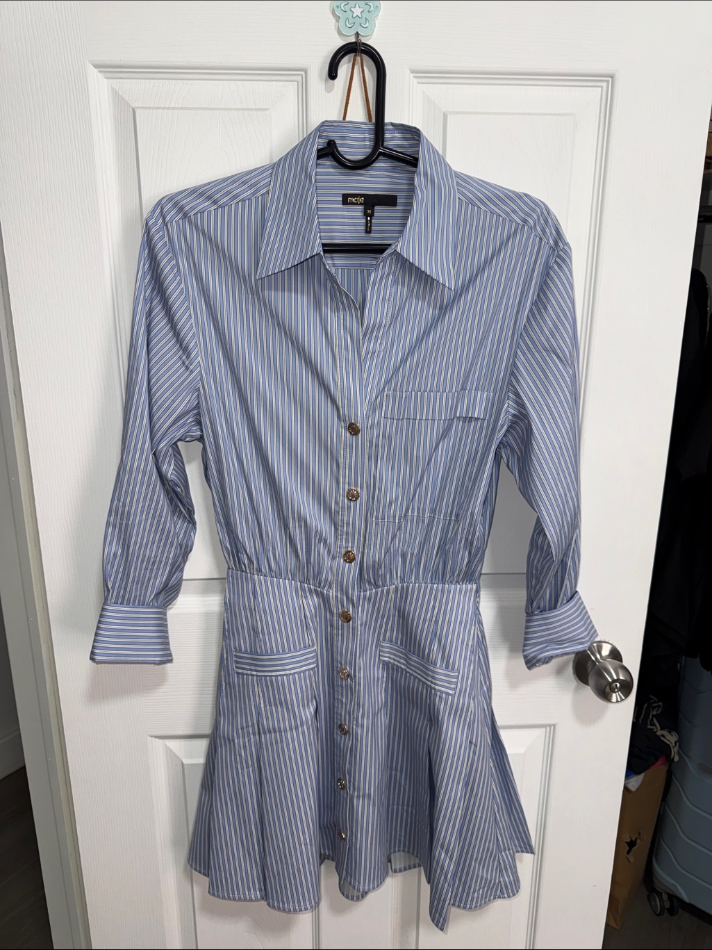 Maje Blue And White Striped Long-Sleeve Shirt Dress